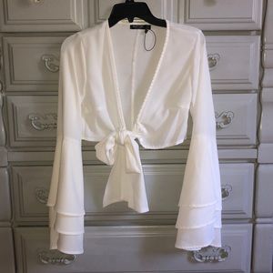 White Long Sleeve Tie Crop Top
